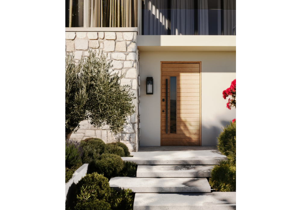 Elite – Multi Horizontal Plank Wood Exterior Door with Vertical Lite (1-3/4”)