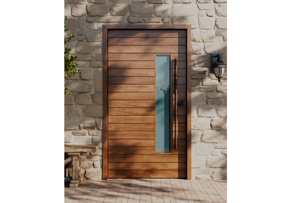 Elite – Multi Horizontal Plank Wood Exterior Door with Vertical Lite (1-3/4”)